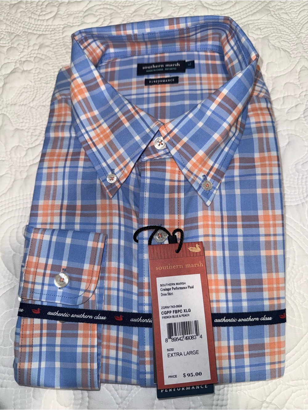 Southern Marsh Blue and Orange Plaid Button-Down Performance Shirt